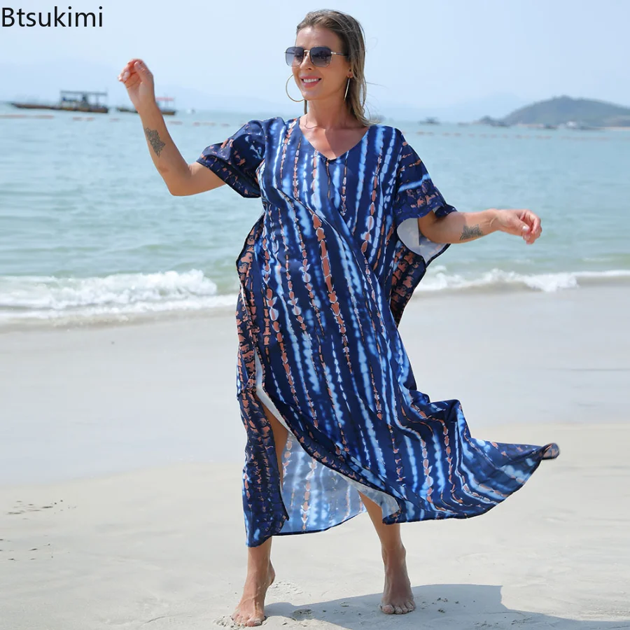 

Женское длинное пляжное платье-туника с цветочным принтом, разрезом сбоку, большие размеры