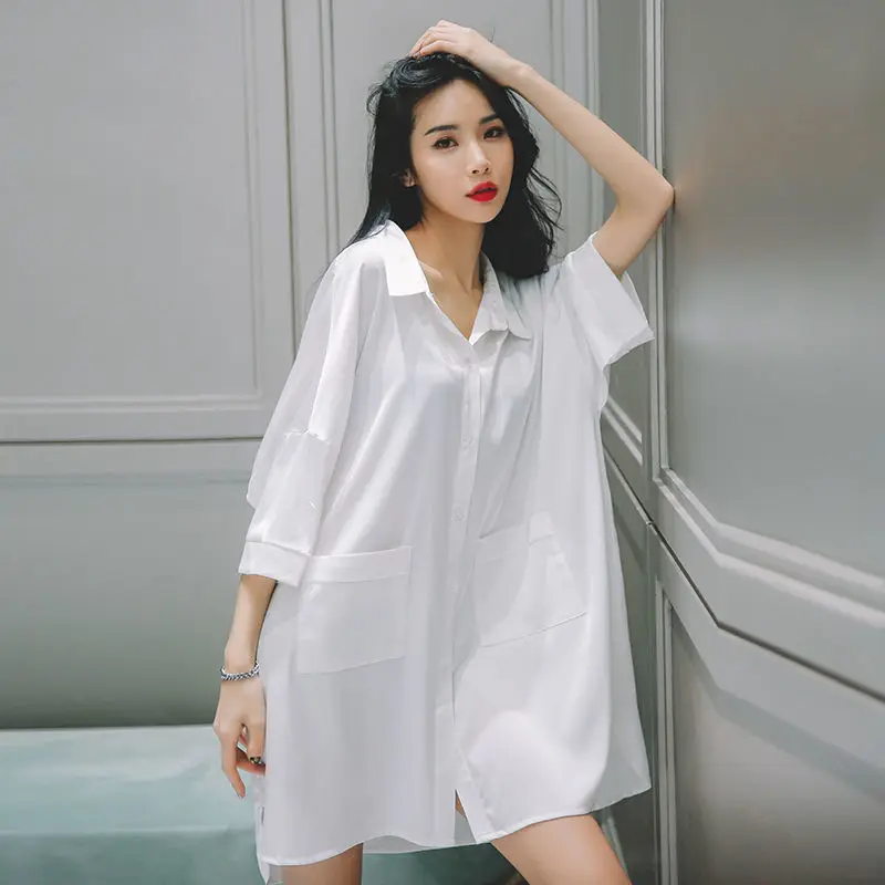 Women Nightgowns Loose Nightdress Chiffon Sleep Dress White Sleepshirt Female Home Clothes Sleepwear Nightwear Homewear Pajama