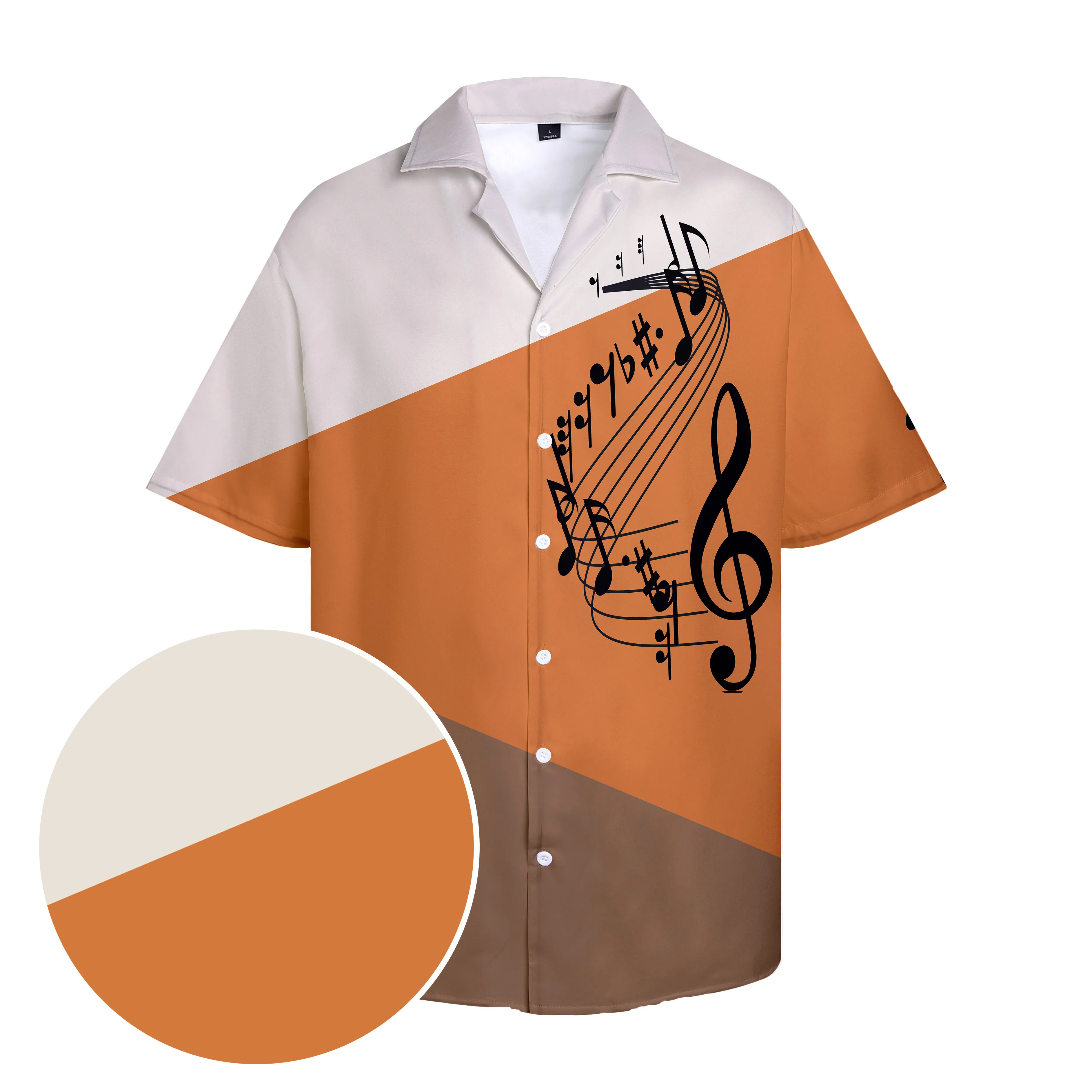 

New Men's Shirts Hawaii Tops Sheet Music Three-color Stitching Printed Retro Style Clothing Button Down Shirts Summer Plus Size