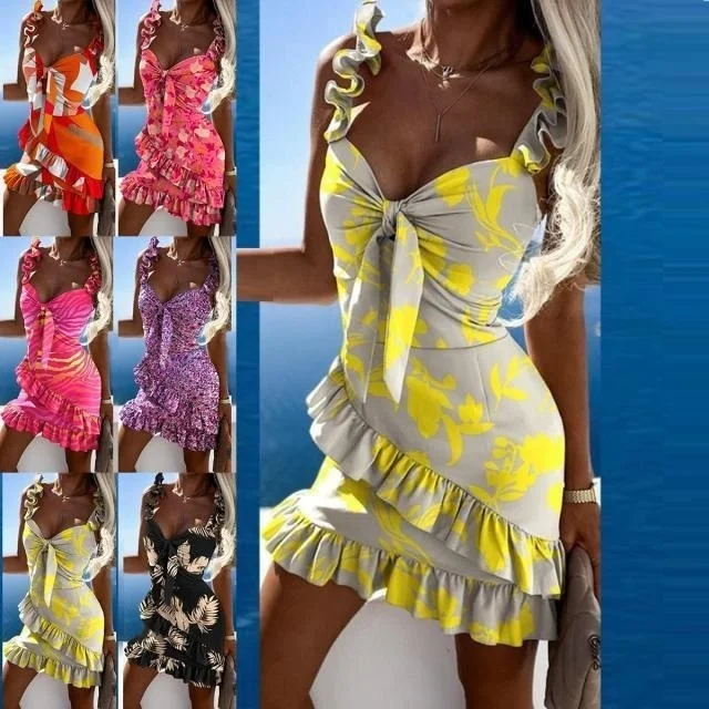 

Популярное платье, приталенное, летнее женское модное сексуальное платье на бретельках с принтом и юбкой на талии