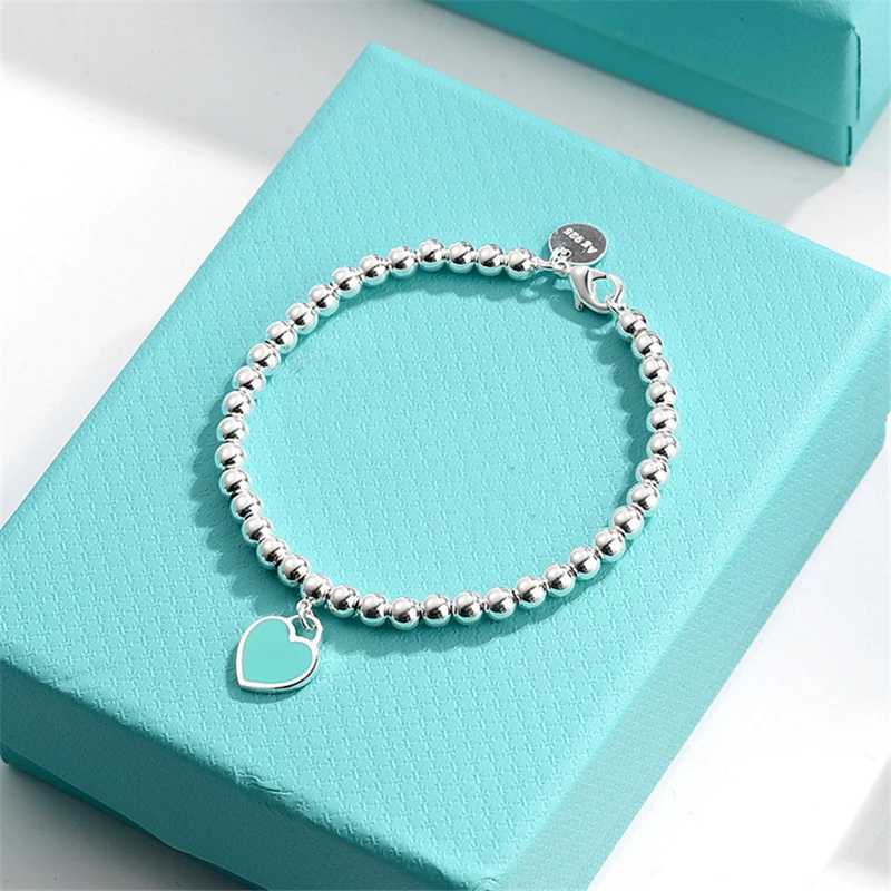

Luxury Sterling Silver Enamel Blue Pink Love Heart Peach Heart Pendant Silver Bead Bracelet Female Star The Same Style Jewelry