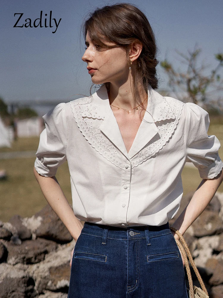 

Zadily 2022 Summer Vintage Short Sleeve White Shirt Women Embroidery Button Notched Neck Ladies Blouse Elegant Party Ladies Tops