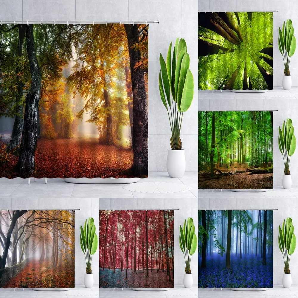 

Mystic Forest Shower Curtain Trees Red Leaves Nature Scenery Maple Woods Woodland Fabric Bathroom Decor Curtains Sets with Hooks