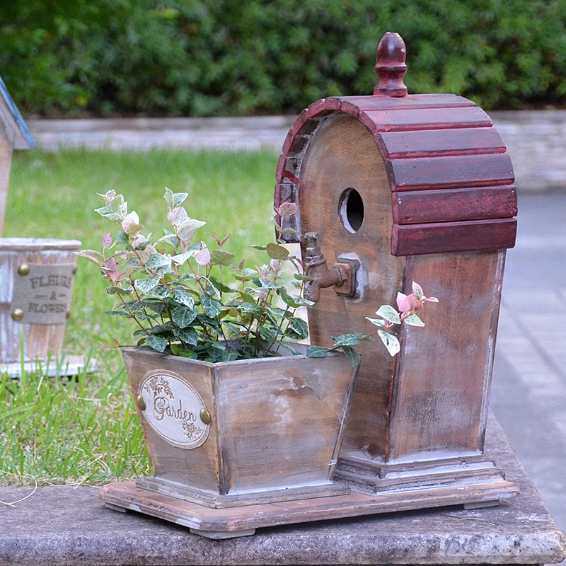 

Деревенские деревянные цветочные горшки в американском стиле со смесителями, для маленьких домов, птичьих домиков, сада, украшения для двора, садоводства