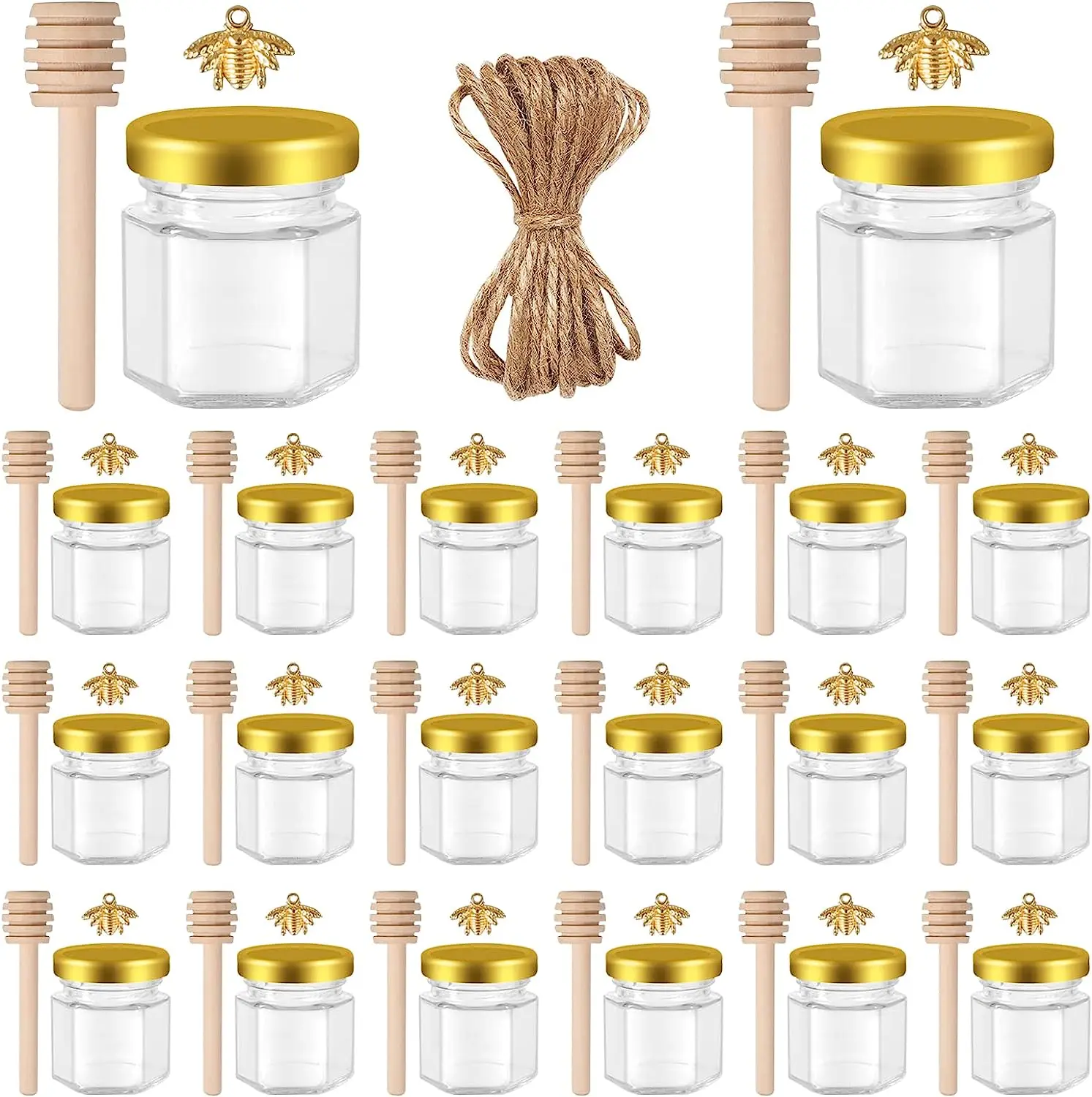 

1.5OZ 60Pack Hexagon Mini Glass Jars Wooden Dipper Gold Lids Pendants Jutes Perfect for Perfect for Baby Shower Wedding Favors