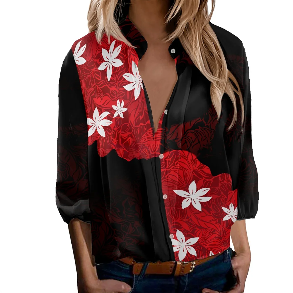 

Модная Повседневная Блузка, полинезийский Племенной Гавайский красный Тиар с цветочным принтом, женская осенняя одежда на заказ, однобортная Повседневная рубашка