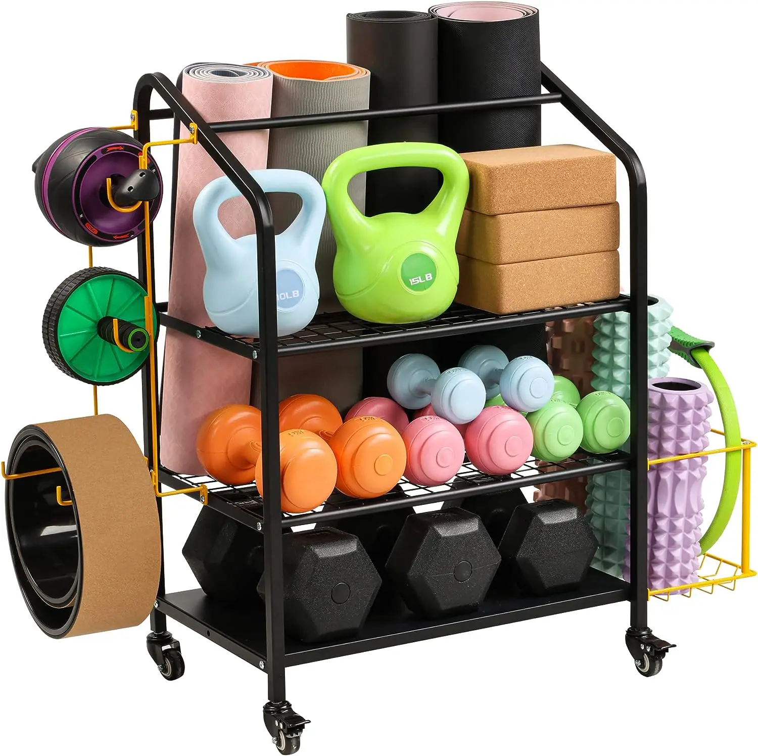 

Mat Storage , Home Gym Storage , Weight with Hooks and Wheels, Workout Equipment Organizer for Dumbbells Kettlebells Foam Rolle