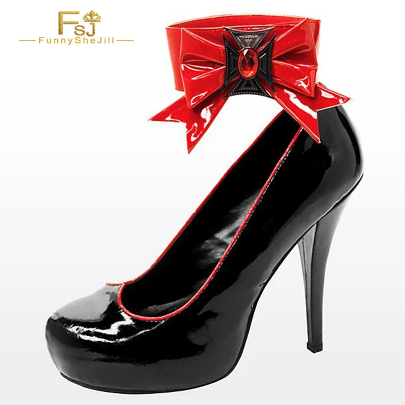 

Black Patent Leather Vampire Heels Ankle Strap Bow Stiletto Heel Shallow Single Shoes Women'S Large Size 15 16