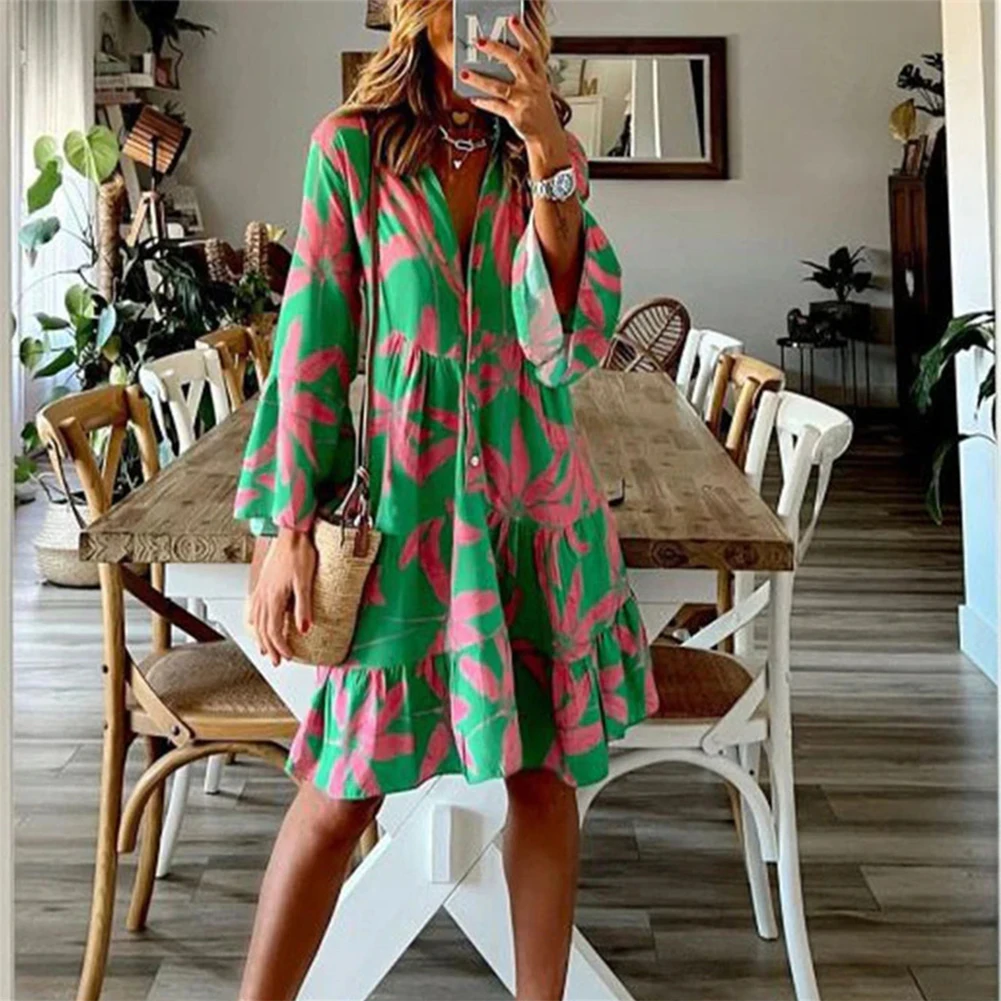 

Tie Front All Over Print Vintage Dresses For Women Summer Elegant V-Neck Long Lantern Puff Sleeve High Waist Flared