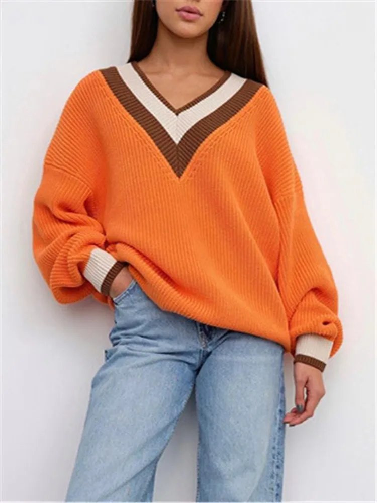 

Autumn Winter Women's Sweater Striped Brown Knitted Pullovers Oversize Warm Loose Jumper Thick Vintage V-Neck Y2K Sweaters