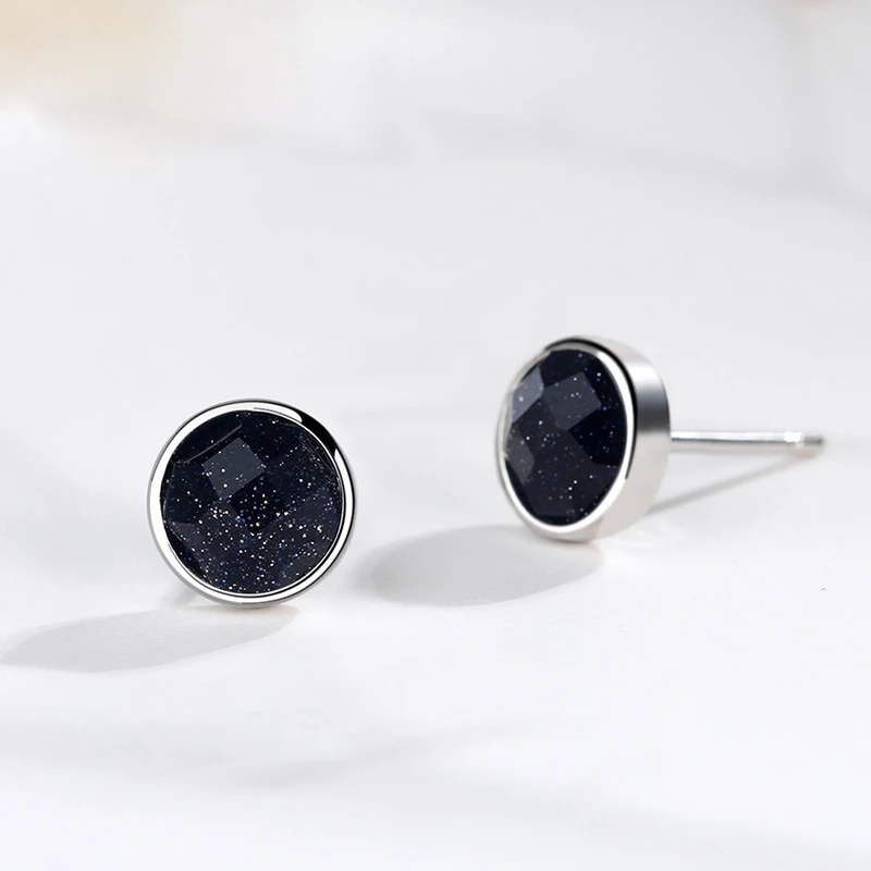 

S925,Sterling Women Stud Earrings Push-Back Fashion Round Inlay Black Agate Retro Classic Elegant Fine Jewelry