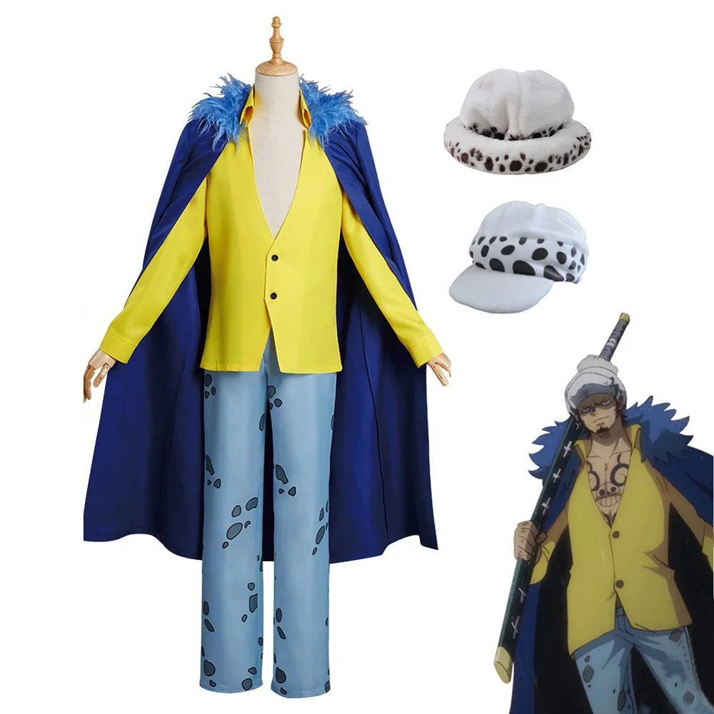 

Костюм для косплея Trafalgar Law, новый костюм японского аниме, пиратские сердца, голубое пальто, искусственная кожа, крутой черный плащ, костюм на...