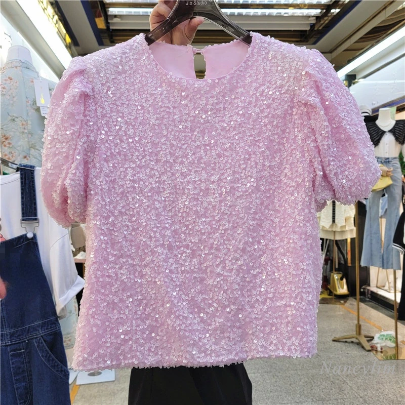 

2022 Summer Puff Sleeve T-shirt for Women New Loose Round Neck Pullover Shinny Sequined Tshirt Tee Tops Girls Ladies