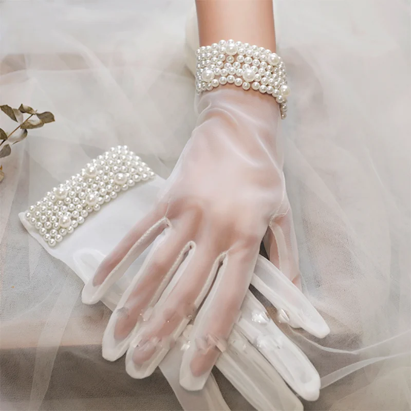 

Bridal pearl retro wedding gloves versatile wedding dress party accessories aesthetical mesh short photo accessories