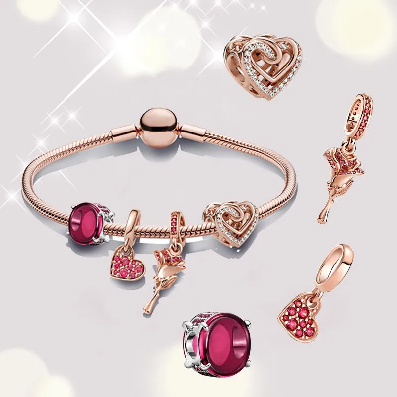 

2021 New Valentine's Day Series 100% 925 Sterling Silver Rose Love Bracelet Set, Original Fashion Lady Diy Charm Jewelry Gift