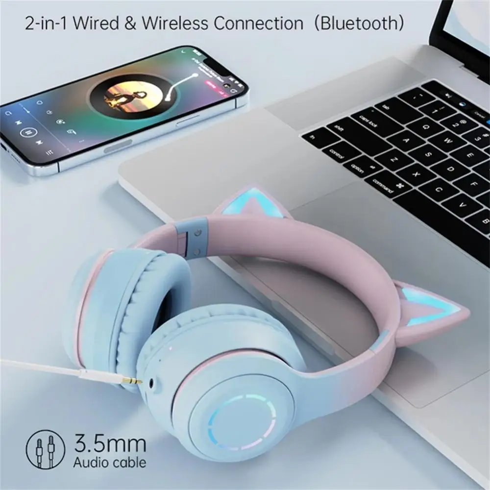 

Stereo Bluetooth Wireless Headphone Cat Ears Headset Flash Light Long Duration Foldable Music Helmet New Earbuds With Mic