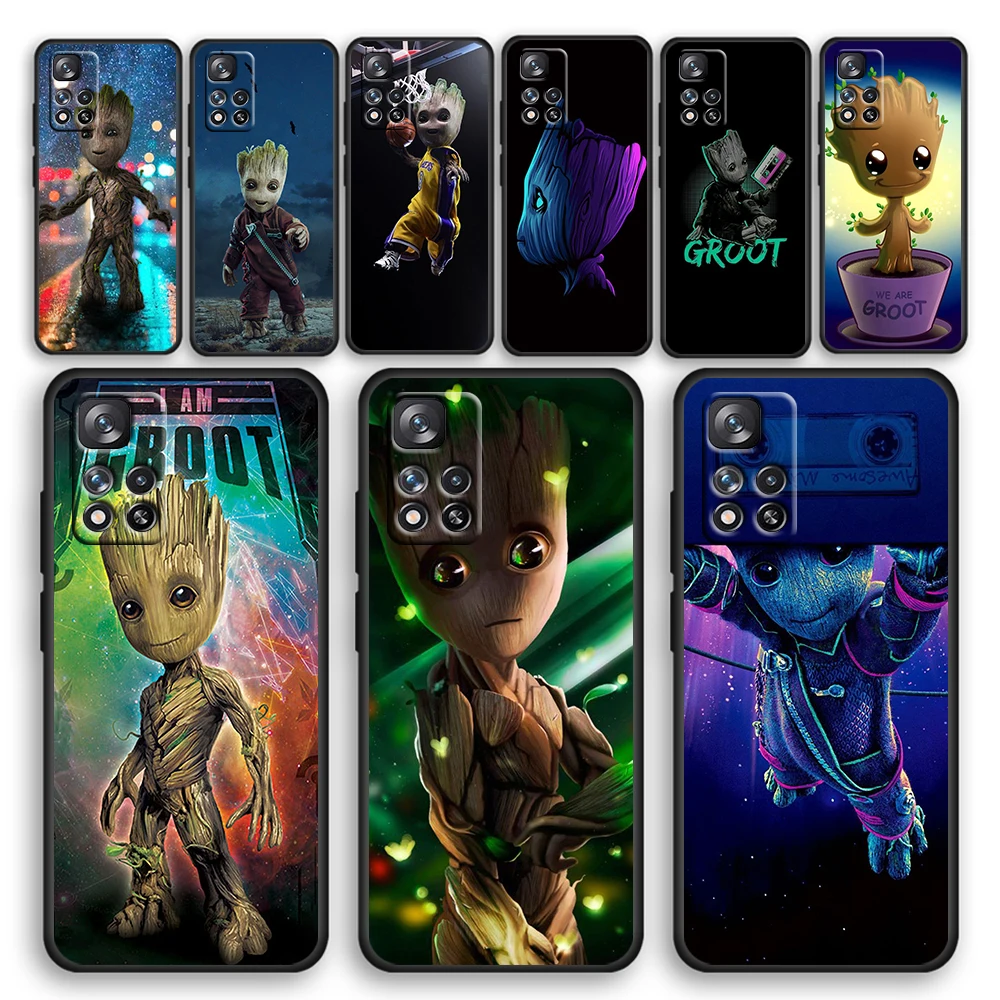 

Marvel Super Hero Groot Soft Black Phone Case For Xiaomi Redmi Note 11 11T 10 Pro 10S 9 9S 9T 8 8T 7 4G 5G Cover Shell Coque