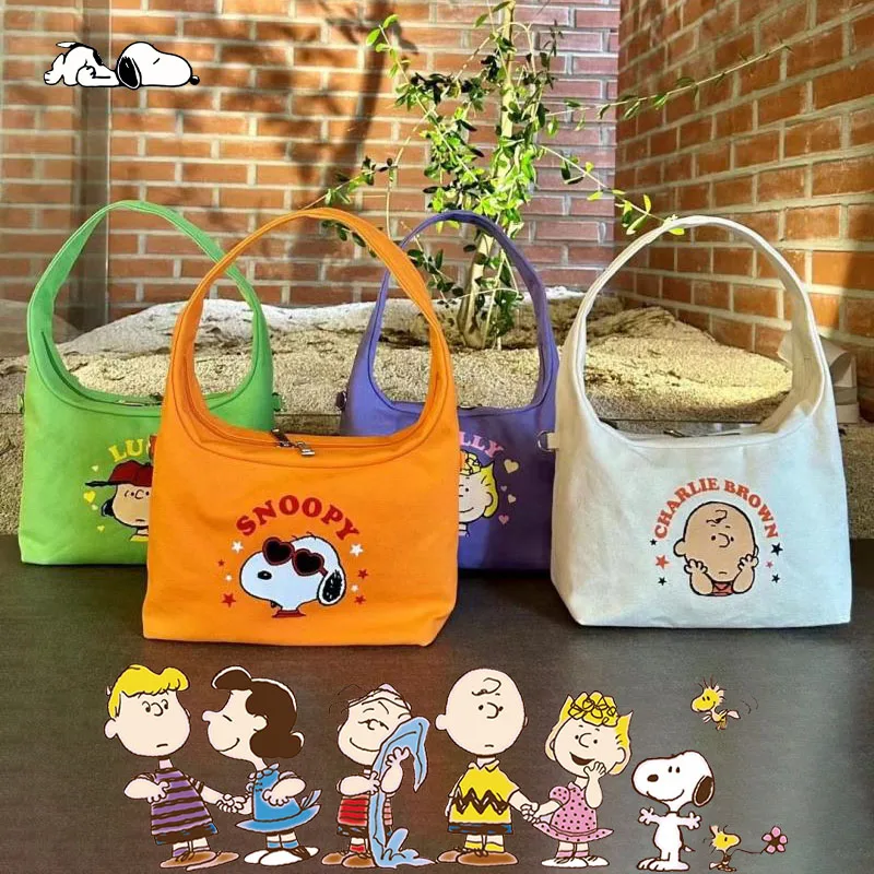 

New Snoopy Cartoon Kawaii Canvas Underarm Bag Casual Versatile Fashionable Dopamine Color Matching Handbag Creative Stick Bag