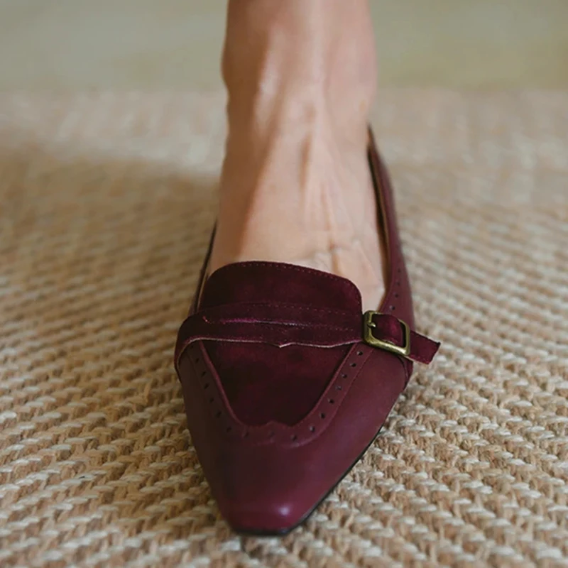 Women Flat Shoes Suede Pointy Leisure Lefu Retro Low Top PU Square Head Shallow Mouth Solid Color Single Breathable