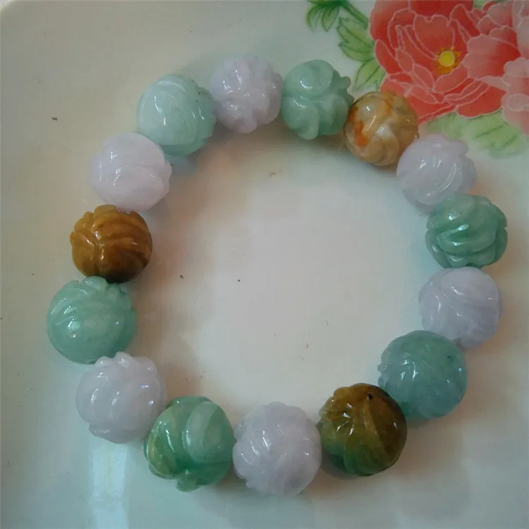 

Send Certificate Real Burma Jade Bangle Lotus Flower Bead Elastic Beaded Bracelet Women Healing Jewelry Jadeite Amulet Bracelets