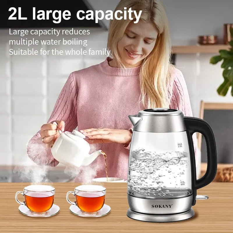 

2 Liter Glass Electric Kettle, Cordless Portable Water Heater, Cool Touch Handle, LED Light
