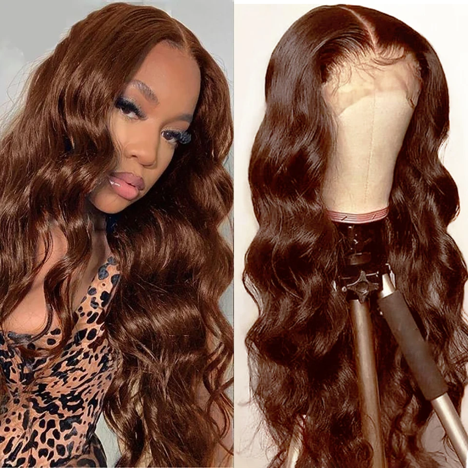 Chocolate Brown Lace Front Human Hair Wig 13x4 HD Transparent Body Wave Lace Frontal Wigs  #4 Colored Human Hair Wigs