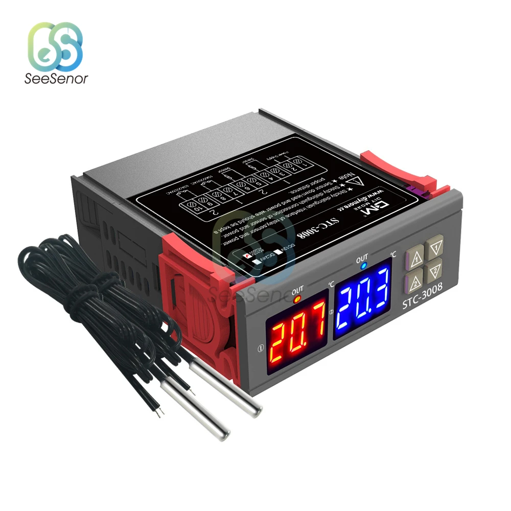 

Цифровой регулятор температуры STC-3008, Терморегулятор с двумя релейными выходами 12 В, 24 В, 220 В, терморегулятор для инкубатора, термостат с под...