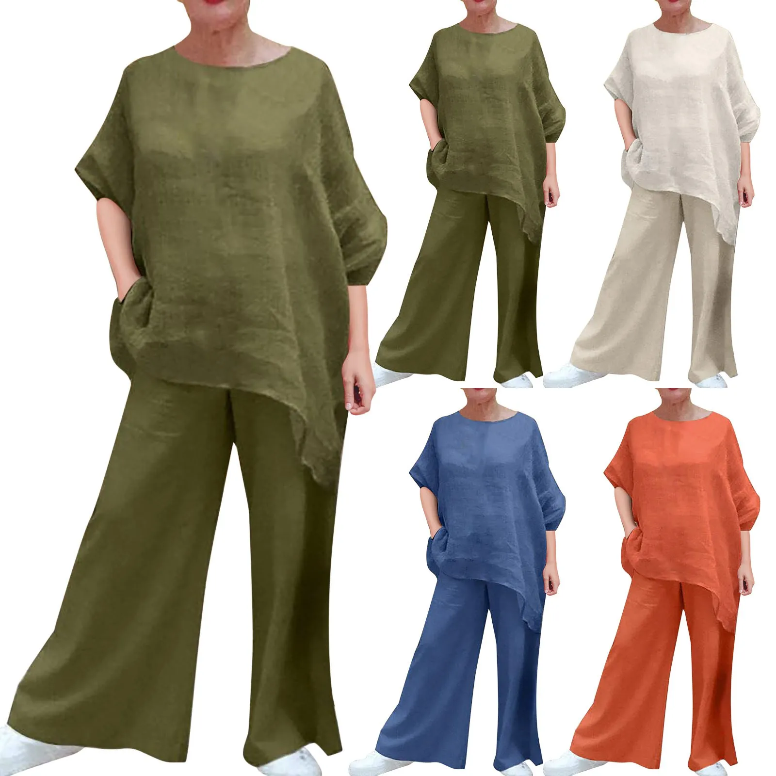 

Women Cotton Linen Suit Fashion Comfortable Short Sleeve And Long Pants Solid Color Casual Loose oversized Summer Sets Dress Top