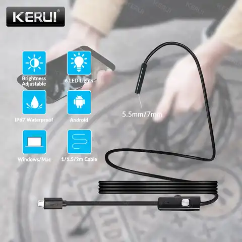 Камера-Эндоскоп KERUI, 7 мм, 5,5 мм, водонепроницаемая, для проверки смартфонов на Android, ПК, канализации, 1/1, 5/2/м