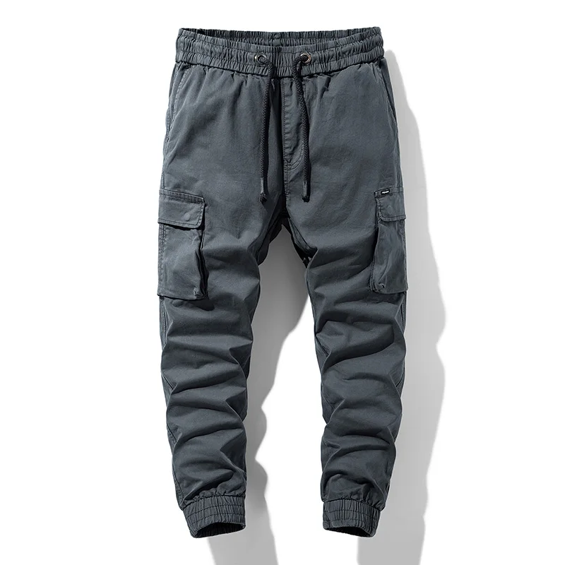 

Хлопковые качественные мужские весенние однотонные спортивные брюки, новые мужские брюки-карандаш на завязках, брюки-карго с несколькими карманами, модные спортивные брюки