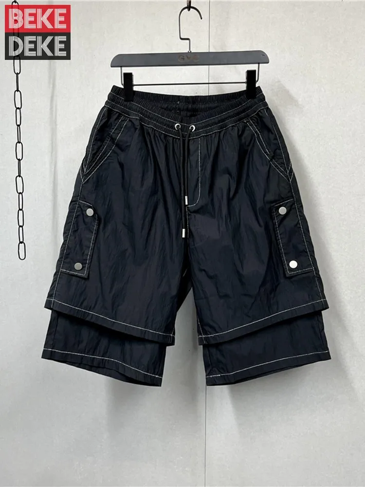 High Street Men Loose Fit Straight Shorts Elastic Waist Spliced Shorts Knee Length Casual Cargo Trousers Male Harajuku Shorts