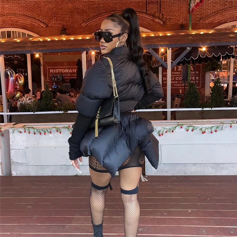 Sunny Black Puffer Jacket Women Irregular Bandage Button Bubble Coat Thick Warm Winter Parkas Fashion Streetwear Overcoat