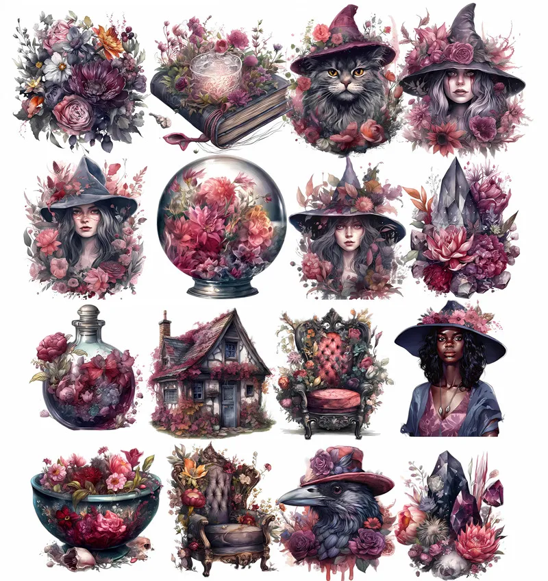 

16Pcs/Pack Flower Witch Sticker DIY Craft Scrapbooking Album Junk Journal Decorative Stickers