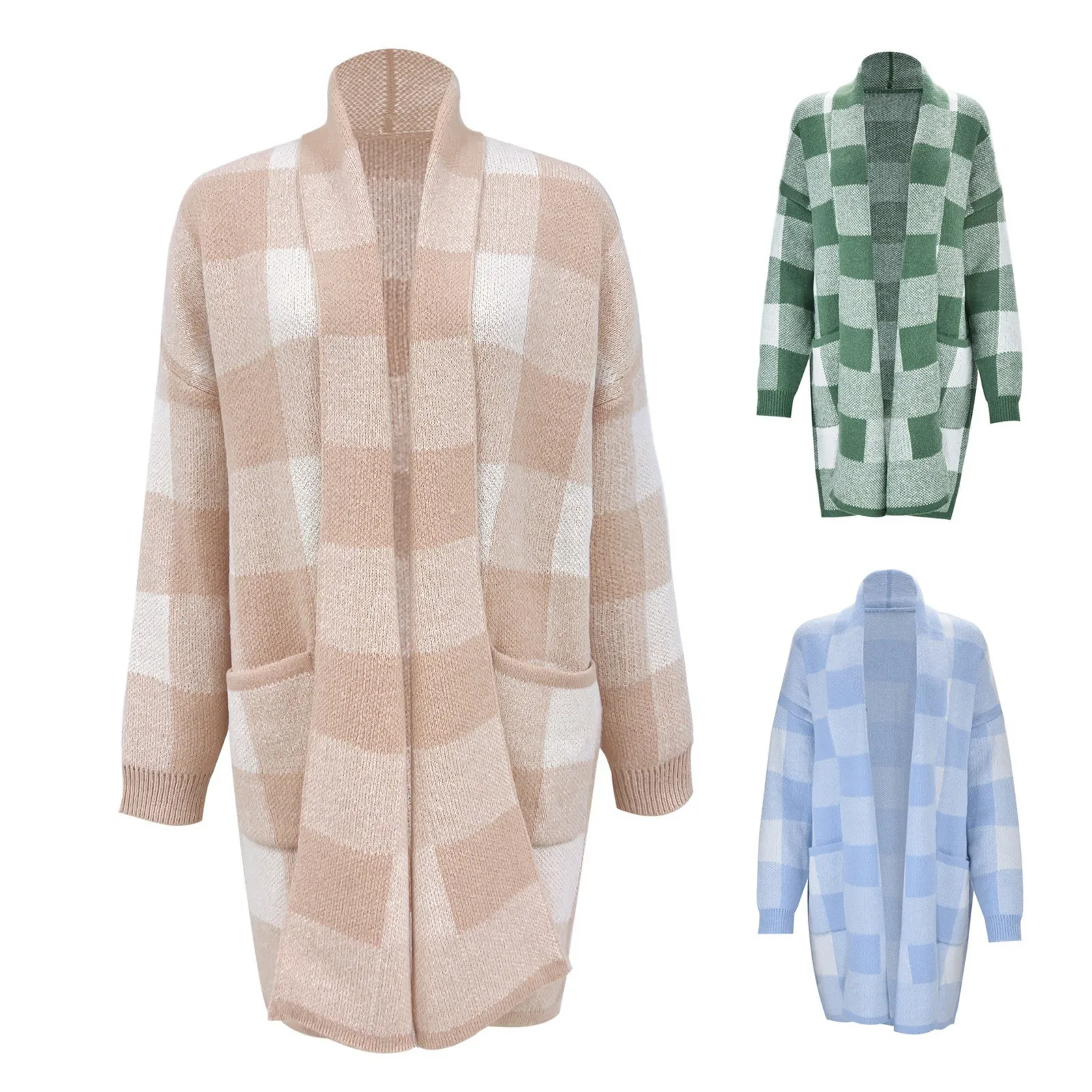 

Elegant Plaid Patchwork Knitted Cardigan For Women: Casual OL Women Tops Oversized Femme Blusas Button Shirts Pullovers