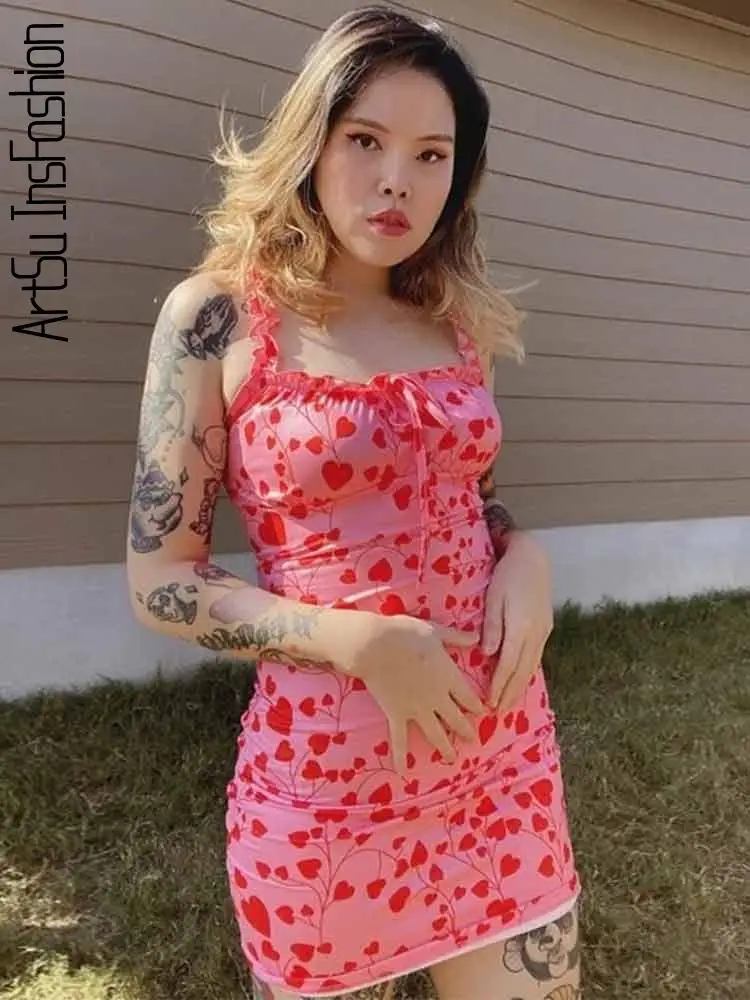 Платье-карандаш Бохо с принтом сердца на лето 2023 года в стиле Y2K, сладкий розовый цвет, мини-платья-наряды.