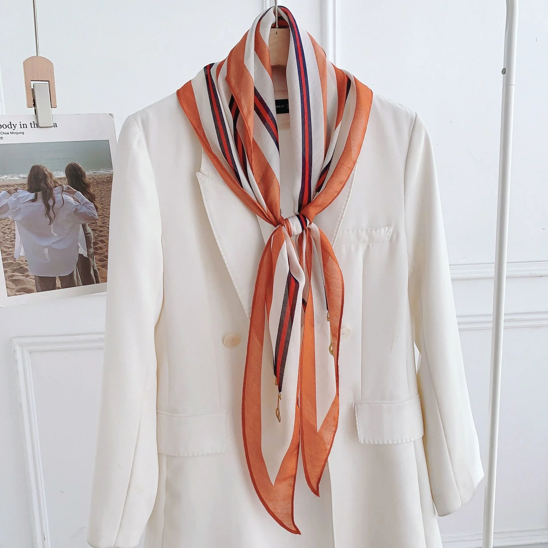 Женский шифоновый шарф с бриллиантами кремового цвета 180x35 см