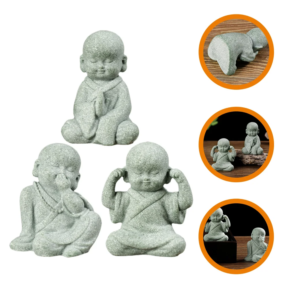 

3 Pcs Small Statue Home Little Monk Adornment Rockery Tea Table Ornament Stone