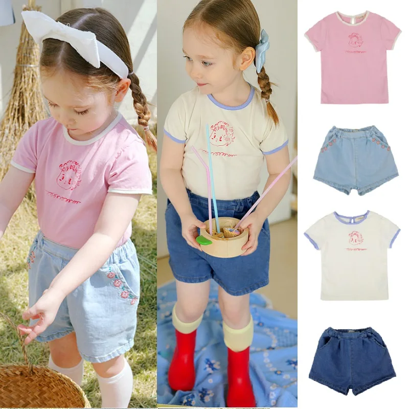 

Girls T-Shirts 2022 Summer Pink Cartoon Cotton Kids Short Sleeves Fashion Girls Brand Clothing Blue Denim Shorts Kids Clothing