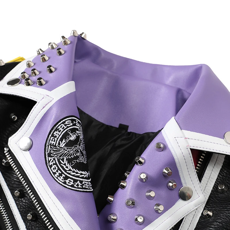 Punk Studded Biker Jacket Women Short Slim-fit 2023 Trend Streetwear Contrast Color Stitched Faux Leather Printed Leather Jacket