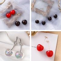 s925 sterling silver needle burgundy cherry earrings new cute fruit long show face thin earrings womens retro pendant gift
