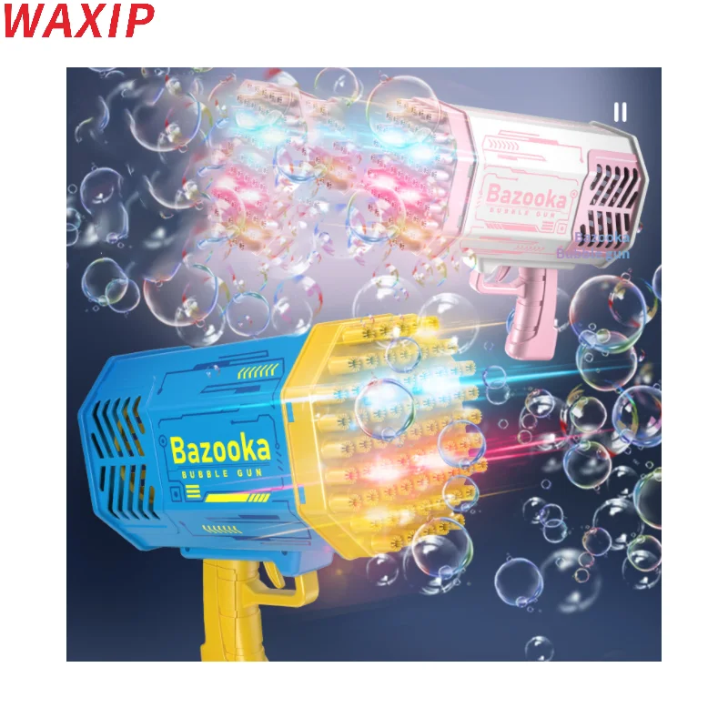 WAXIP-pistola de burbujas de jabón con forma de cohete, soplador automático con luz, juguetes para niños, regalo del Día de los niños, 69 agujeros
