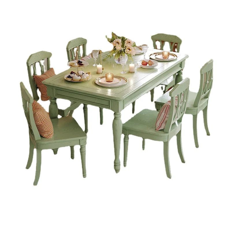 

HXL American-Style Solid Wood Retro Green Dining Tables and Chairs Set Household Rectangular Ash Dining Table