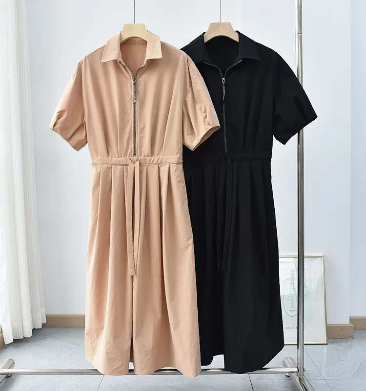 Women Midi Dress Half Zipper Lace Up Solid Color Loose Robe Casual