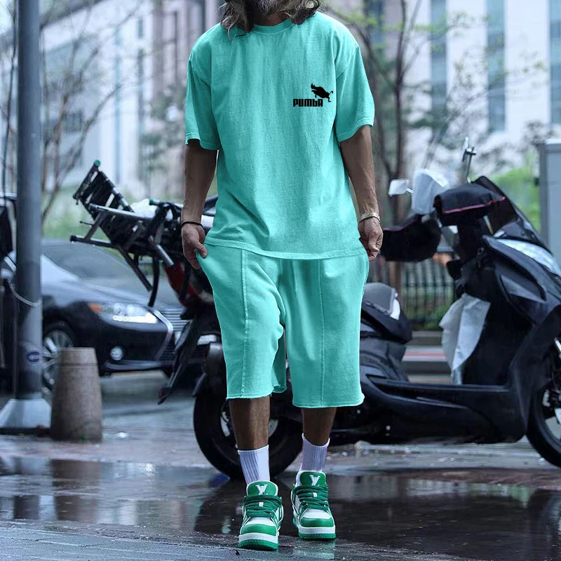 Summer Hot Sale Solid Color men's Street Trendy men's Casual Two-Piece Short-Sleeved T-shirt + Loose Shorts