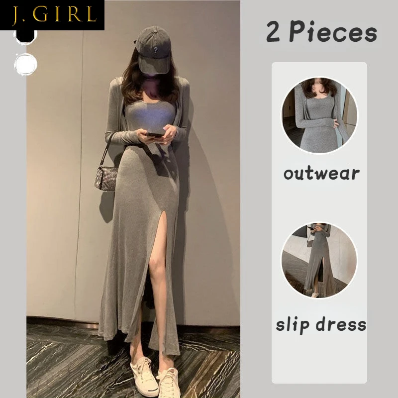 

Dresses Sets Women Side-slit Sexy Knitting Solid Fashion Cardigan Slim Korean Style Hot Girls Design Leisure Streetwear Summer