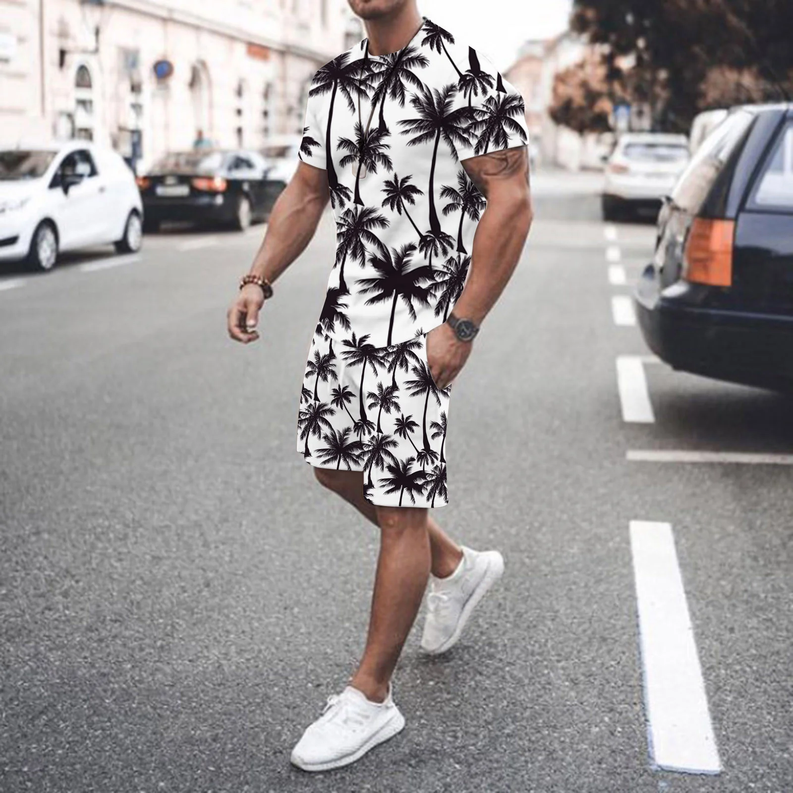 Summer Men Tracksuits Set Short Suit Hawaiian Style Coconut Tree Set Casual Quick Drying T-shirts Beach Vacation Mens Clothing