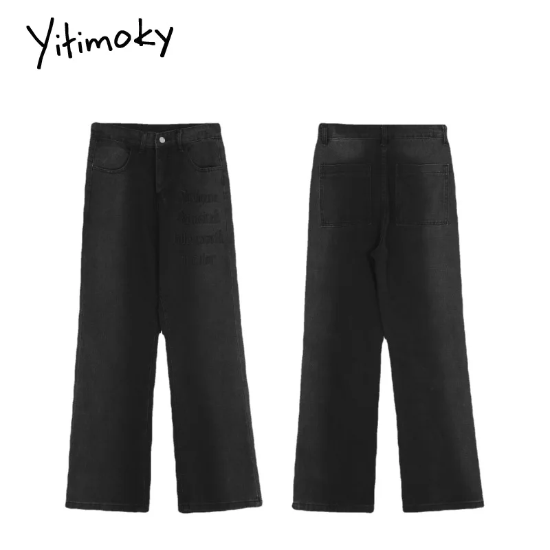 

Yitimoky 2022 Women Jeans Spliced Embroidery Vintage Washed Straight High Waist Casual Wide Leg Pants Baggy Denim Trouser Ladies