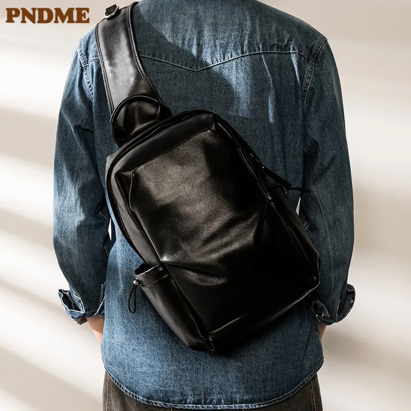 PNDME simple casual high quality natural genuine leather men black chest package outside work weekend real cowhide crossbody bag