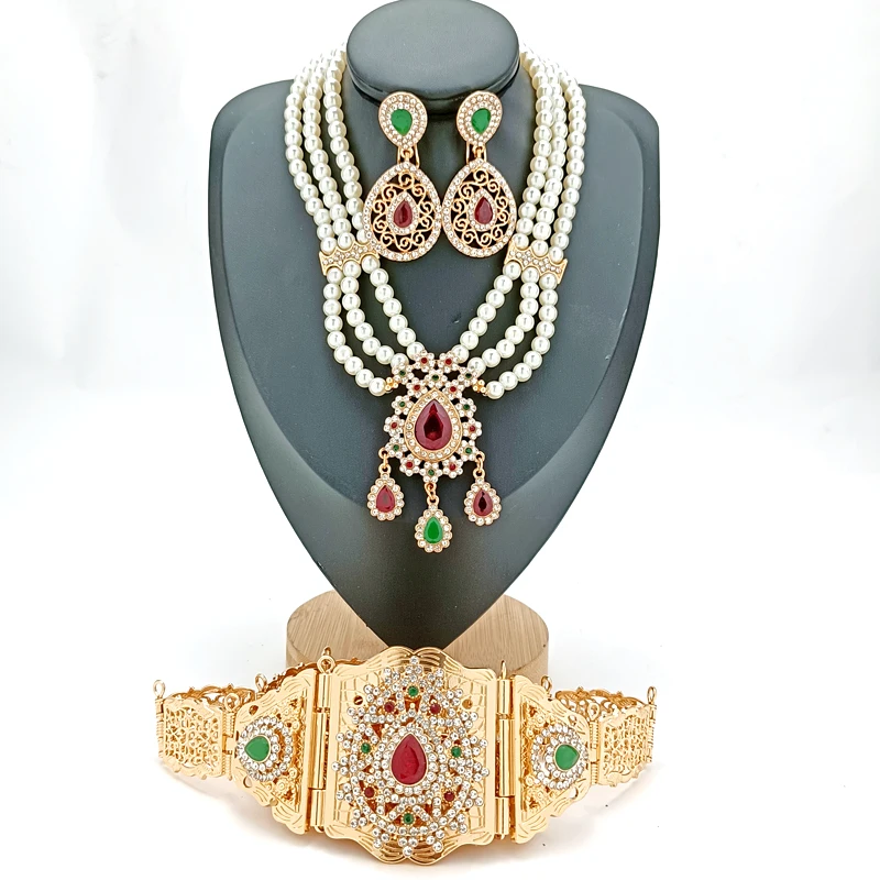 Arab Wedding Ornaments Set Fashionable Green Rhinestone Jewelry Moroccan Women Pearl Earrings Pearl Necklace Waist Chain,