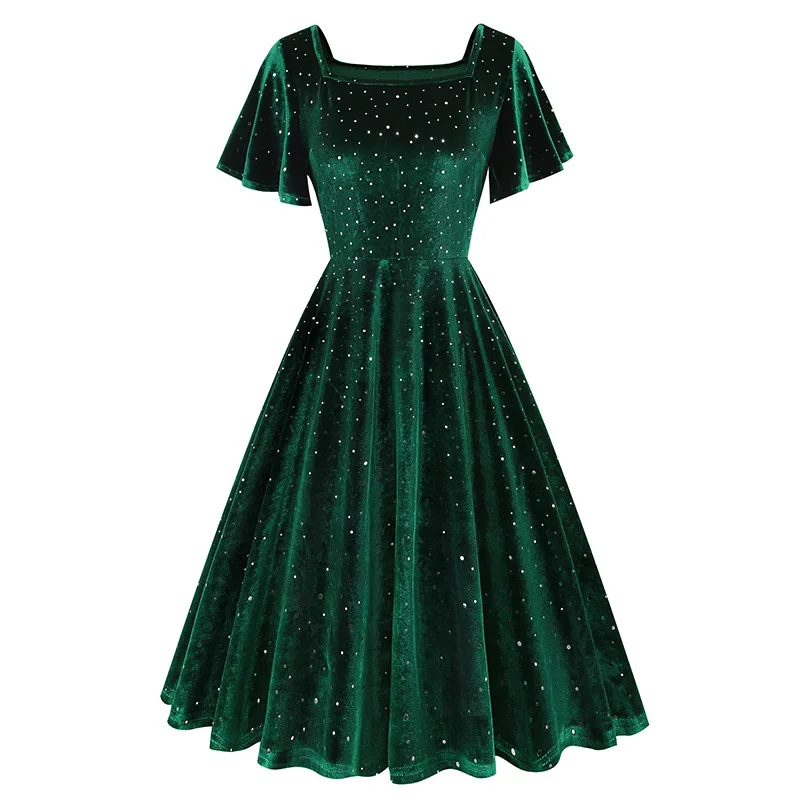 

Элегантное однотонное зеленое бархатное платье с квадратным вырезом для женщин, осенне-зимнее винтажное платье с 3D бриллиантами, рождественское Свободное платье, SR1445